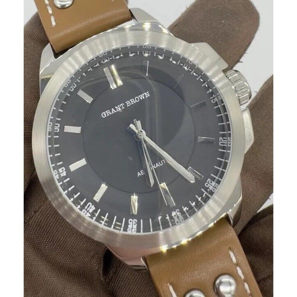 Grant Brown Aeronautic Grey Dial Stainless Brown Leather Quartz NIP